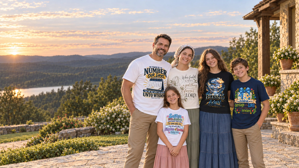 Quiet Witness Christian family wearing Bible verse shirts